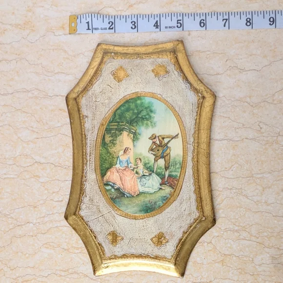 Vintage Italian Gold Gilt Pair Florentine Wooden Frames Garden Scene Wall Plaque - Picture 8 of 11